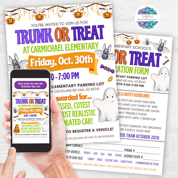 cute trunk or treat halloween flyer invitation with registration forms